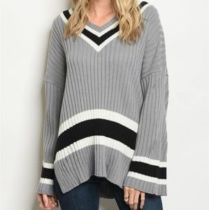 ALMA MATER OVERSIZED VARSITY V NECK STRIPE SWEATER